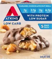 Atkins Caramel Chocolate Nut Roll Bar, High Protein & Fibre, 220g, (Pack of 5)..