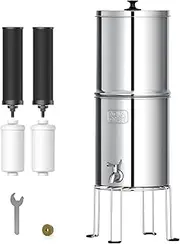 AQUA CREST Gravity Water Filter System, 304 Stainless Steel Countertop System with 4 Filters and Anti-Slip Stand, Reduce Fluoride and Chlorine, 2.25G, for Home, Camping, RVing, Off-Grid, Emergencies