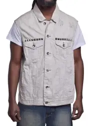 Marc Ecko Mens Light Gray Studded Vest Trucker Denim Jacket Large