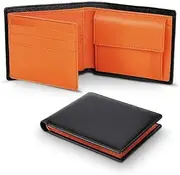 [Hemasa] 100% Genuine Leather RFID Blocking Slim Trifold Men Wallets with Coin Pocket and ID Window Minimalist Wallet for Men, Black Orange, 12cm