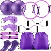Poen 14 Pcs Pilates Ring and Ball Set for Women Pilates Ring Circle Ball with Stretching Strap 8 Resistance Bands Non Slip Socks Gym Back Bags Exercise Equipment for Workout