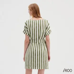 【iROO】墨綠白條紋綁帶洋裝