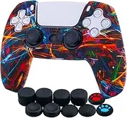 YoRHa Water Transfer Printing Silicone Thickened Cover Skin Case for Sony PS5 Dualsense Controller x 1(Night Beam) with Thumb Grips x 10