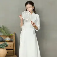 在飛比找樂天市場購物網優惠-新款中國風白色收腰茶服漢服改良禪服仙氣古風連衣裙女裝
