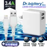 【DR.BATTERY 電池王】5V 2.4A雙輸出USB充電器+高密編織USB TO LIGHTNING IPHONE/IPAD充電線100CM(淺灰)