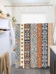 Clblhlolkuy Orange Navy Blue Boho Waterproof Shower Curtain for Bathroom, Retro Abstract Ethnic Splicing Texture Hotel Fabric Soft Bath Curtain with Semi-Transparent Top Window & Hooks, 72"x72"