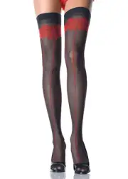 WOVEN RED PIN STRIP BOW TOP SHEER BLACK THIGH HIGH STOCKINGS BY CHERRITA NIB