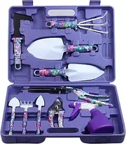 Garden Tools Set | 11 Pieces Gardening Tools with Purple Floral Print | Ergonomic Handle Shovel Spade Rake Harrow Trowel Pruner Shears Sprayer | Hand Tool with Carrying Case Gardening Gifts for Women
