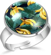[FVQL] Ring for Women Girls, seamless pattern banana and leaf, 0.67inch/1.7cm, Glass, glass