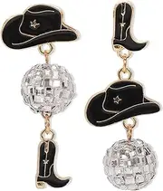 [AGDGV] 70s Disco Ball Earrings for Women - Black Western Vintage Cowgirl Hat & Boots Dangle with Mirror Ball Details, Perfect for 70s Disco Ball Accessories & Disco Cowgirl Earrings