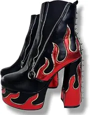 [Frankie Hsu] Ladies Sexy Chunky Block Platform Ankle High Heeled Bootie, Black Goth Red Flame Rivets Style, Big Large Size US4-14 Boot Shoes For Women Men