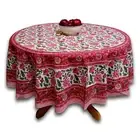 Hand Block Print Floral Tablecloth Cotton Red Pink Green 72 inches Round