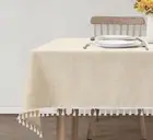 Fall Farmhouse Tablecloth Linen with White Tassels Dust Proof Wrinkle Free