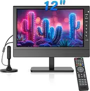 ZOSHING 12inch Portable TV,Small TV with Aerial,Recharge battery,Digital T2 Tuner and HDMI,USB/TF slot and 12v charge cable/AC adapter