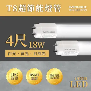 億光 T8 LED 直燈管 4尺 18W 全電壓 白光/黃光/自然光 玻塑管 日光燈管 保2 (5折)