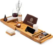 LUXORIA Expandable Bathtub Caddy Tray - Water Resistant Bamboo Bath Table