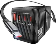 LENCENT 85W Universal Travel Adapter with Retractable USB C Cable, GaN International Power Adapter with 3 Type C &1 USB A Ports Fast Charging, Worldwide Outlet Converter for AU to European EU UK US