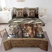 Tiger Lion Cheetah Full Bedding Set 7 Pieces,Boho Black Brown Zebra Leopard Fur Stripes Print Comforter Set with Sheets for Kids,African Wildlife Animal Safari Bed Set in a Bag with Pillow Covers
