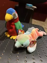 Ty 4197&04215 Beanie Babies Jabber The Parrot Tropical Bird & Sammy The Bear