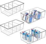 Vtopmart 4 Pack Food Storage Organizer Bins, Clear Plastic Bins for Pantry, Kitchen, Fridge, Cabinet Organization and Storage, 4 Compartment Holder Packets, Snacks, Pouches, Spice Packets
