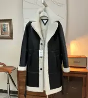 Knees length shearling leather coat, Black and White, New with tags