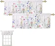 2 Pcs Curtain Valance for Windows, Polyester Kitchen Curtain Valance Decorative Rod, Pocket Window Treatment, Short Toppers Cafe Curtains Rod for Bathroom Bedroom 137x45cm(Flower Grass)