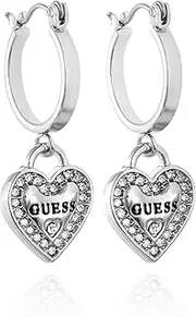 [GUESS] Silvertone Logo Heart Dangle Charm Hoop Earrings, ONE SIZE, Metal, No Gemstone