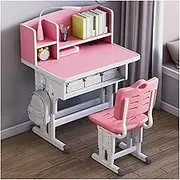 Ergonomic Kids Study Table and Chair Set,Adjustable Art Desk Girls Desk for Bedroom,Study Table with Large Writing Board Bookshelf and Drawer(Pink)