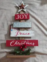 Christmas Wooden Tree Décor Tabletop w/ Star~“Joy Merry Peace Christmas"
