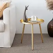 Round End Table, Fashionable Round Side Table & Coffee Table for Living Room, Metal Nightstand Round Bedside Table for Bedroom, Corner Plant Stand for Balcony,Gold Tray Gold 3 Legged Table by AOJEZOR