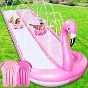 Foilswirl 20 ft 3D Flamingo Slip Water Slide 3 Sided Safe Fence Lawn Water Slides with 2 Bodyboards and Sprinkler Inflatable Summer Slide Heavy Duty Water Slide for Boy Girl Outdoor Backyard Water