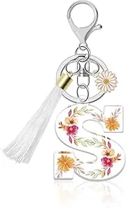 [Lukiisoo] Sunflower Letter Keychains, Alphabet Initial Tassel Key Chain, Flowers Monogram Keyring for Women Men Bag Purse Wallet Handbags Backpack Charms(Letter S), Pink