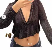Urban Outfitters Women's Size S-P Peplum Cropped Lace Polka Dot Black Rayon Top