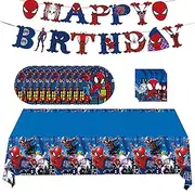 32Pcs Superhero Spiderman Party Tableware Set,Marvel Avengers Super Hero Spider-man Party Plastic Table Cloth Banners Paper Plates Napkins for Kids Boys Birthday Superhero Spiderman Party Decorations