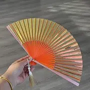 [Generic] Vintage Aluminum Alloy Handheld Folding Fan, Silk Fan Face & Bamboo Ribs, Compact 22.5cm Folded, 41cm Diameter, Daily Use, Dance Decoration, Gift, Easy to Carry to use (Gold)