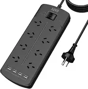 Auvo Power Strip with 8 AC Outlets and 4 USB Charging Ports, 2400W/10A, 525 Joules, 1.8M Long Extension Cord for Home, Office, Hotel, Black