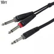 10FT 6.35mm TRS Stereo Male to Dual 1/4" TS Mono Male Insert Audio Cable Black