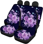 Red Rose Art Flower Printing Car Seat Cover Full Set for Women Front Rear Seat Cover Comfortable Non-Slip Car Protection Cushion(Purple Rose seat Cover 2)