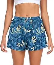 [FRODOTGV] Blue Leafs Women's Athletic Shorts Loose & Comfy Tennis Shorts for Running Yoga Sports Beach S