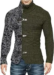 [SWJGLITTR] Men's Color Block Turtleneck Cardigan Winter Knitted Cardigan Sweaters for Men Long-Sleeved Slim Fit Button Cardigans