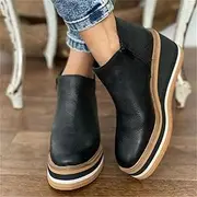 [DMBHY] Women's Eva Pull On Bootie Wedge Platform Round Toe Walking Shoes Waterproof Leather Ankle Boots (Color : Black, Size : 42 EU)