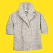 TOPSHOP Women's Borg Longline Jacket, Gentle Fleece, Hook Closure, Stone, UK 14