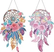 Saillong 2 Pcs Dream Catcher Diamond Art Painting Kits for Adults DIY Summer Butterfly Flower Suncatcher Hanging Diamond Painting Art Wind Chime Hanging for Home Window Door Decor(Flower)