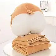 [NXSM] Travel Blanket and Pillow Set, 3-in-1 Cute Rabbit Pig Panda Plush Stuffed Hugging Pillow with Warming Hands on Both Sides,Suit for Airplane Train Travel,Camping or Office (Corgi)