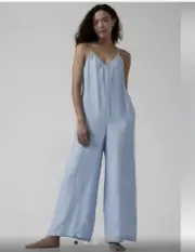 NWT Athleta Calm Cool Romper Jumpsuit Satin Blue Quarry Size Large