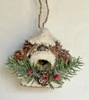Creative Co-Op Winter Bird House Ornament Faux Snow Mini Pine Cones & Branch 3"