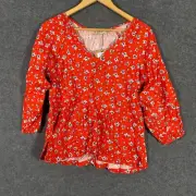 Luna Sky Top Womens 10 Orange White Shirt Flowers Boho Peasant Hippie NEW