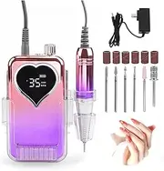 Portable Electric Nail Drill Machine, 35000RPM Professional Nail File Machine, Rechargeable Cordless Nail Drill with 6 Bits and Sanding Bands for Manicure Salon Home User