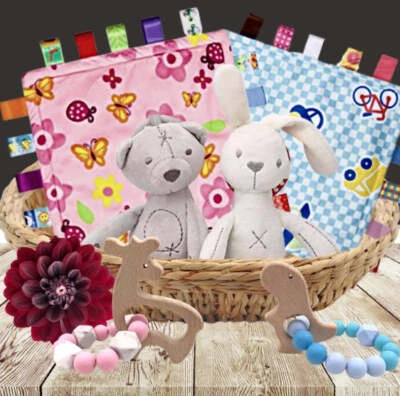 Baby sensory gift set - taggie, teddy & teether in PINK or BLUE
