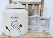 Rae Dunn Snowman Believe Canister And Salt & Pepper Shakers Coal Snow Flakes NEW